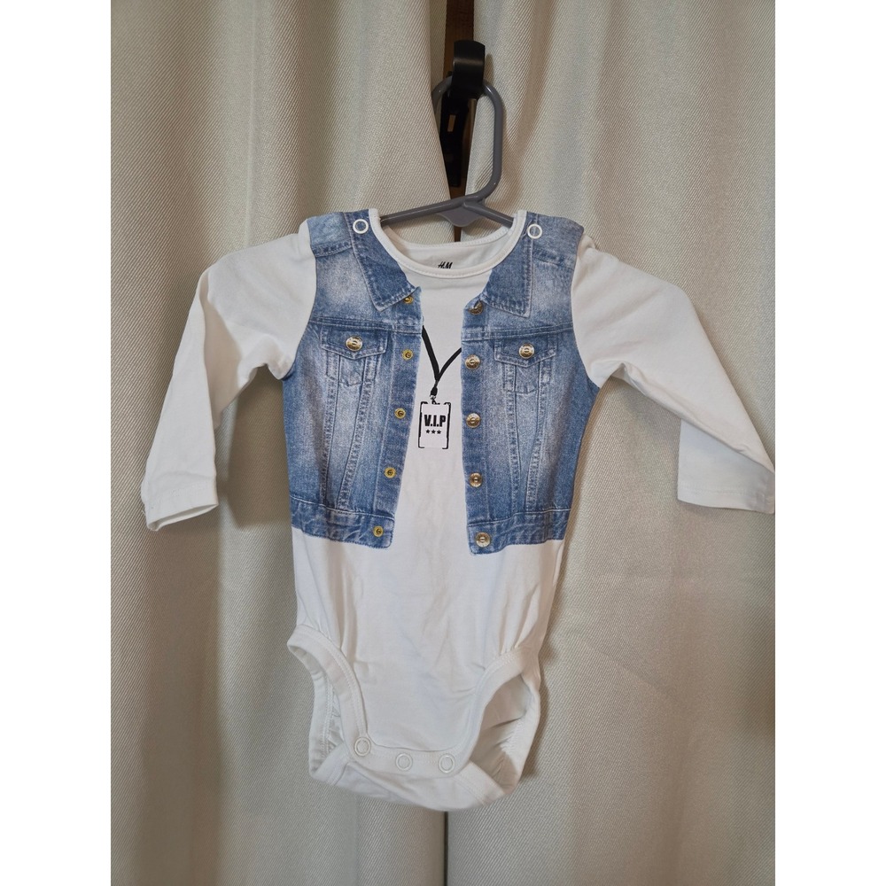 H&M Kids White Long Sleeve Bodysuit Denim Vest VIP Graphic Organic Cotton 2-4M